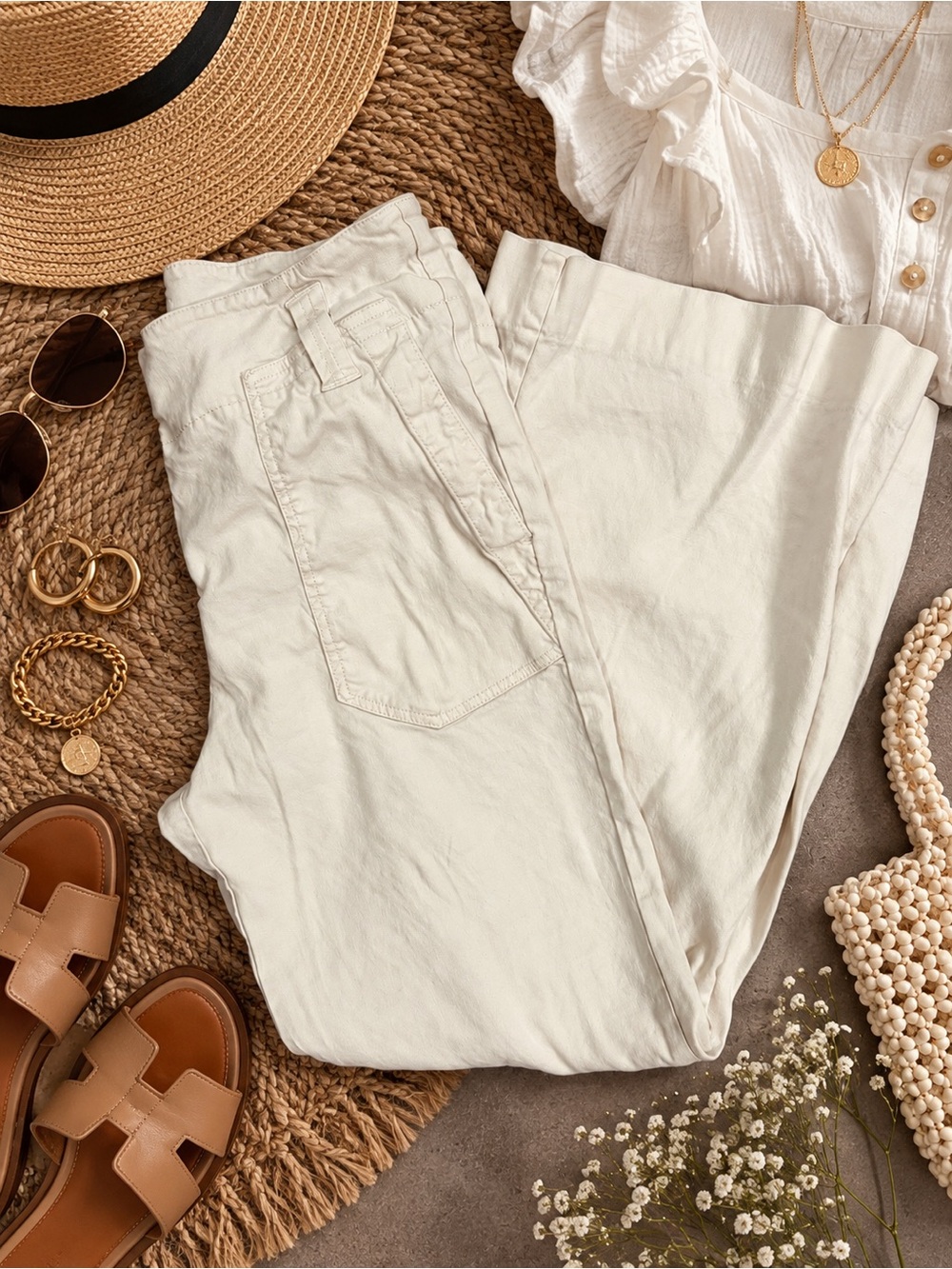 Maeve Anthropologie Linen Wide Leg Pants Ivory 8P Petite
